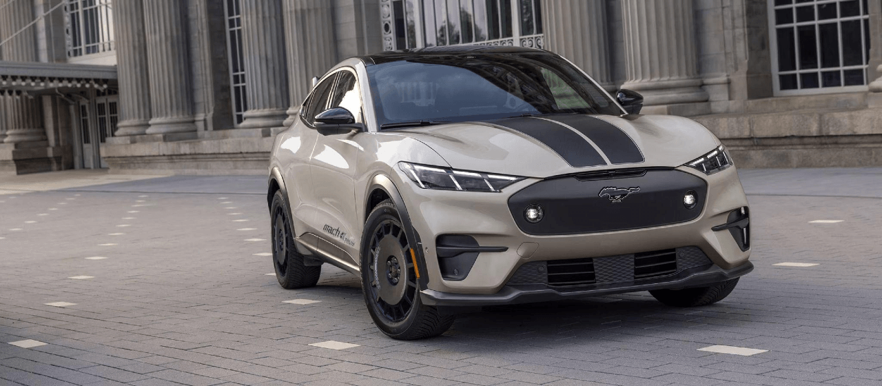 The 2025 Mustang Mach-E parked and showing off it's sleek exterior.